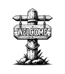 Wall Mural - welcome signboard with rope around wooden post in black and white vector illustration style