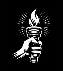 Wall Mural - illustration of hand holding a flaming torch with rays of light against black background