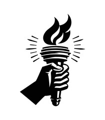 Wall Mural - hand holding flaming torch high as symbol of freedom in detailed black and white vector art