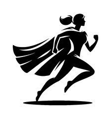Wall Mural - silhouette of superhero woman running forward with cape fluttering in black and white