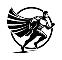 Wall Mural - superhero running with cape in circle logo design black and white silhouette illustration