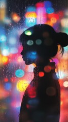 Aufkleber - Soft raindrops cling to the glass, blurring the colorful lights of the city beyond. A solitary silhouette remains framed, lost in contemplation amidst the nighttime glow