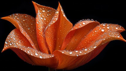Poster - Vibrant orange tulip petals glisten with freshly fallen water drops, creating a striking contrast against a dark background. This natural phenomenon showcases the elegance of floral beauty