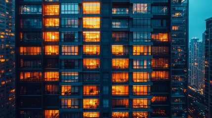 Poster - As twilight envelops the city, the warm glow from numerous office windows highlights the vibrant energy within a towering high-rise. A captivating view of urban life unfolds
