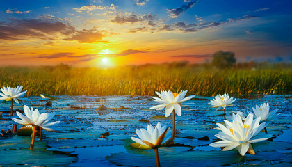 Poster - Serene white lotus blooms in tranquil pond as sunset paints the sky
