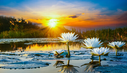 Poster - Glistening white lotus blossoms reflecting sunset hues in tranquil pond