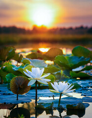 Poster - Sunset Reflection Over White Lotus Blooms in a Serene Pond
