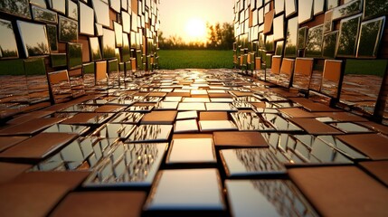 Fototapete - A labyrinth of shifting mirrors reflecting endless alternate versions of the self