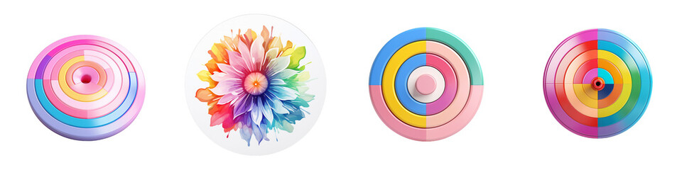 Circle art displays four designs on black backdrop isolated on white or transparent
