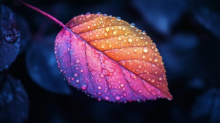 Poster - Water droplets cling delicately to a vibrant leaf, reflecting a spectrum of colors. The scene captures the essence of nature's beauty during twilight, enhanced by a mystical ambiance