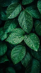 Poster - Delicate water droplets cling to the lush green leaves, creating a harmonious blend of nature’s beauty and serenity. The gentle sparkle of the water highlights the rich textures of the foliage