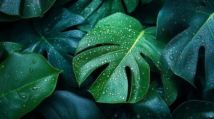 Aufkleber - Raindrops cling to lush green leaves, creating a captivating display of nature's beauty. This serene moment captures the freshness following a soft rain shower in a peaceful garden