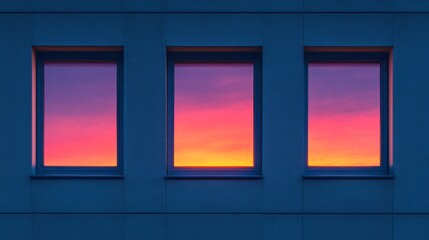 Poster - Windows of an office building glow with vibrant colors as dusk sets in, showcasing a stunning gradient of pink and purple hues against a deepening blue backdrop