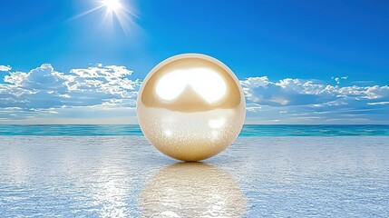 a large golden sphere rests on a pristine beach reflecting the bright sun and a clear blue sky.