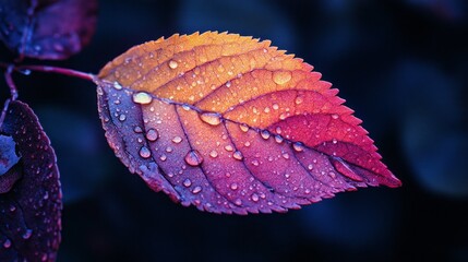 Poster - Water droplets cling to a striking leaf, reflecting a spectrum of colors. This serene moment captures the essence of nature's artistry, inviting contemplation and peace amidst the chaos