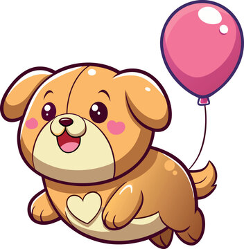 A cute brown teddy bear cartoon vector illustration with a heart balloon, smiling happily
