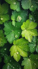 Poster - Dewy water drops glisten on lush green leaves, capturing the essence of nature's beauty. This serene moment unfolds in a tranquil outdoor setting, evoking feelings of freshness and renewal