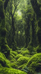 Poster - Beneath a canopy of towering trees, dense moss carpets the forest floor, inviting exploration and igniting a sense of tranquility. Sunlight filters through foliage, casting dreamy shadows