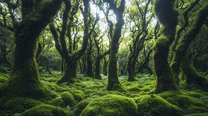 Poster - In a lush, enchanting forest, towering trees draped in thick moss create a serene atmosphere. Soft light filters through dense foliage, inviting exploration of this hidden paradise