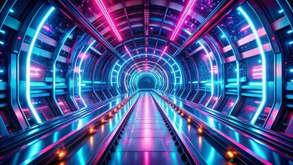 Aufkleber - Futuristic Neon Tunnel: Vibrant Blue & Pink Tilt-Shift Sci-Fi Stock Photo