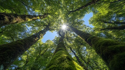 Poster - Towering trees blanketed in vibrant green moss stretch skyward, their branches filtering sunlight that dances on the forest floor, creating a tranquil and enchanting atmosphere