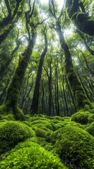 Poster - Tall, majestic trees are enveloped in dense, vibrant moss, creating a serene atmosphere. Sunlight filters through the canopy, illuminating the rich greenery below