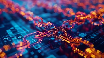 Poster - A futuristic digital chain made of interconnected glowing blocks, symbolizing blockchain technology, set against a dark blue high-tech background