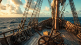 Old pirate ship deck view with steering wheel background. Wood sail boar in sea. Antique galleon vessel with net and treasure chest. Summer adventure on battleship game landscape illustration