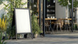 © Nari - 3d advertising sandwich board. Sign frame stand mockup. Easel billboard for street menu on sidewalk bear cafe. Outside restaurant black ad banner or promo realistic blank mock up side and front.