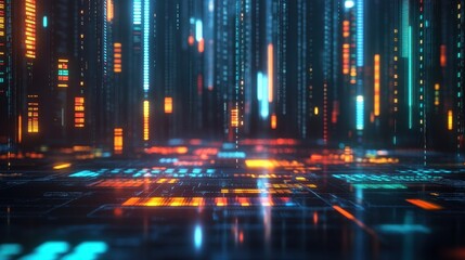 Fototapete - Data stream visualization in a futuristic cityscape digital art cybernetic environment aerial view