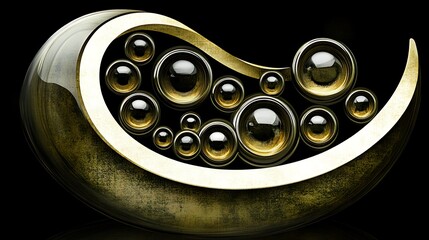 Aufkleber - Golden spheres and abstract crescent form a captivating black background scene