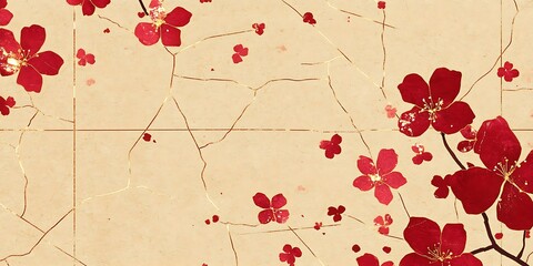 Poster - Japanese Kintsugi art inspired floral pattern with deep red blossoms elegance
