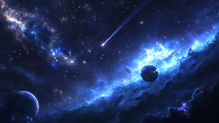 Wall Mural - star and falling comet in night sky vector background. meteor shooting trail in blue galaxy illustra
