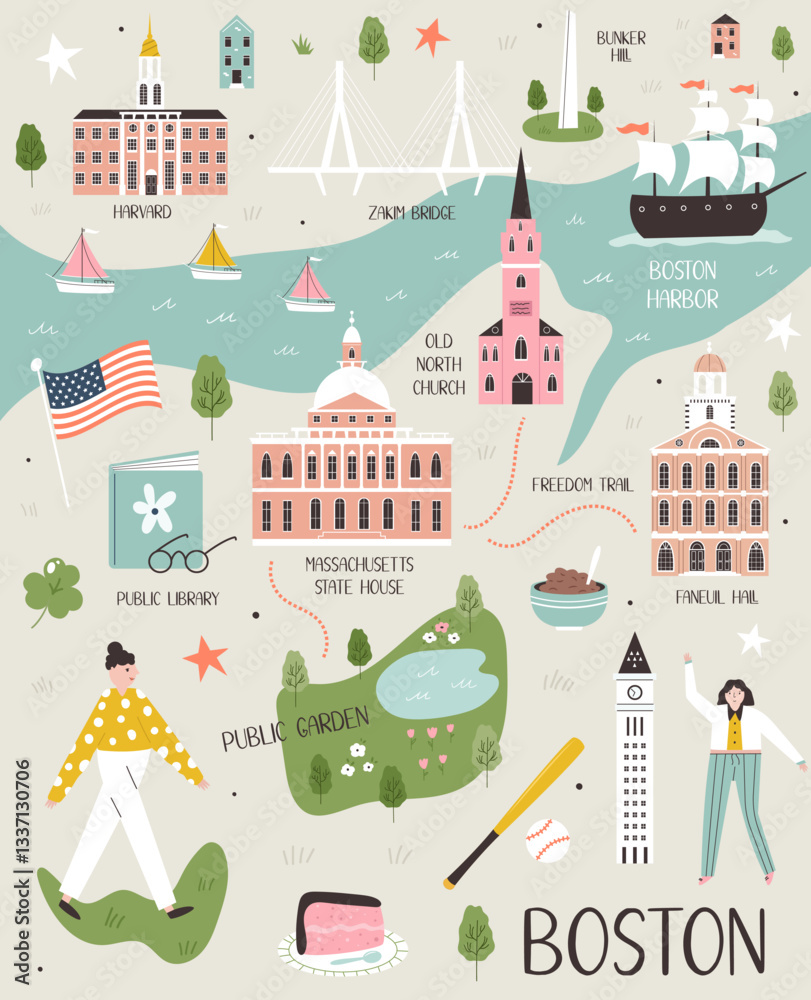 Illustrated map of Boston, Massachusetts, USA with landmarks and ...