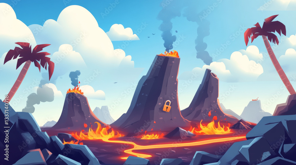 Ilustración de Stock Arcade game map with floating volcanic islands ...