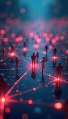 Poster - vibrant digital network connects people in tech landscape. glowing figures stand on illuminated path