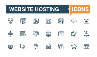 Poster - Website Hosting icon set. Includes symbols for storage, hosting, data, database, cloud computing, server and more. Web Hosting icon set in linear style. Editable vector outline and solid icons.