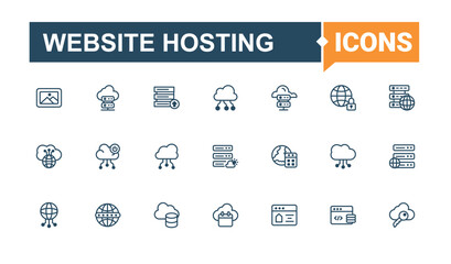 Poster - Website Hosting icon set. Includes symbols for storage, hosting, data, database, cloud computing, server and more. Web Hosting icon set in linear style. Editable vector outline and solid icons.