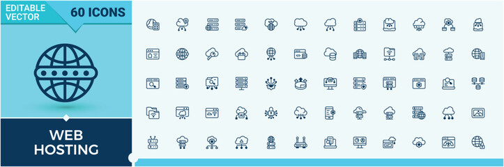 Poster - Web Hosting icon. Included cloud computing, web, storage, domain, internet, database and more. Modern vector illustration. Hosting icon set. Vector line and solid icons.