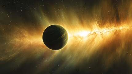 Wall Mural - green planet light glow eclipse in space horizon background. abstract earth flare realistic galaxy d