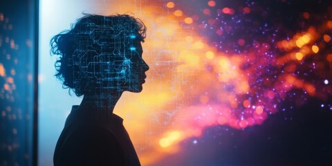 Fototapete - A silhouette of a person surrounded by a vibrant digital landscape. The image conveys creativity and innovation. It illustrates the fusion of technology and human intellect. AI