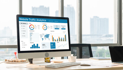 Poster - computer software for website traffic analytics data on computer screen. concept of seo search engin