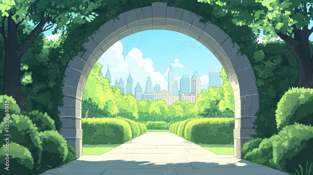 Summer landscape with stone arch entrance to public park or garden ...
