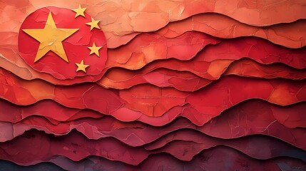  Chinese national flag with detailed folds and dynamic motion, symbolizing power, leadership, and national unity, great for political branding, vintage comic book style