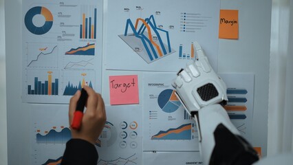 Poster - a robotic arm actively engages with business charts and graphs, showcasing a modern approach to data