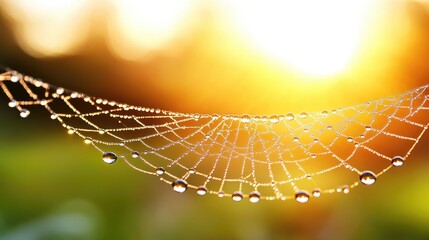 Transparent dewdrop-covered spiderweb background with soft morning light