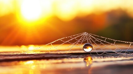 Transparent dewdrop-covered spiderweb background with soft morning light