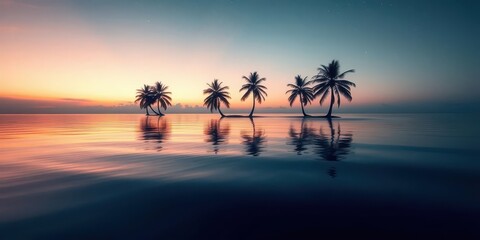 Wall Mural - serene dusk, palm trees mirrored in tranquil ocean, stars emerging, background, night