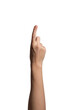 © valiantsin - Female hand with an extended index finger, making a pointing or selecting gesture. Natural wrist position, symbolizing direction, interaction, or indication. Isolated on white background..