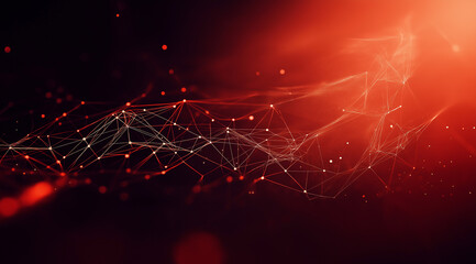 Poster - Abstract technological background in red tones with particles similar to nerve nodes and neural networks